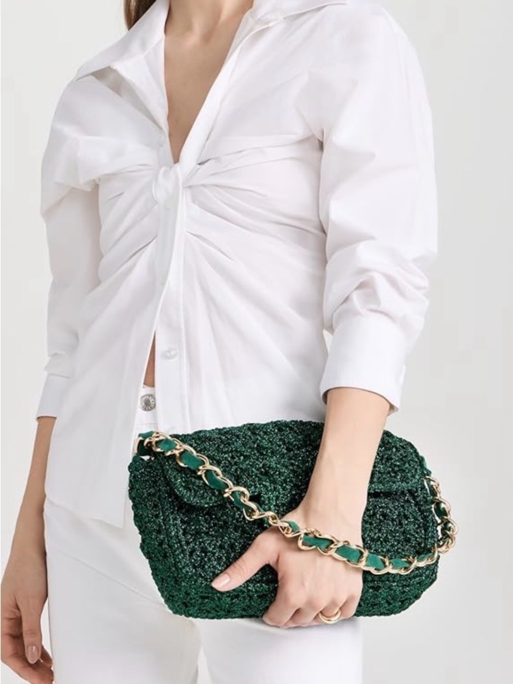 Textured Green Crochet Crossbody with Gold Chain Strap - Picture 2 of 7